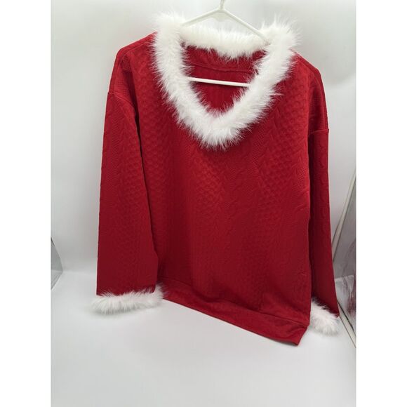🎄Christmas Sweatshirt for Women Faux Fur Long Sleeve V Neck 1xl - Picture 1 of 8